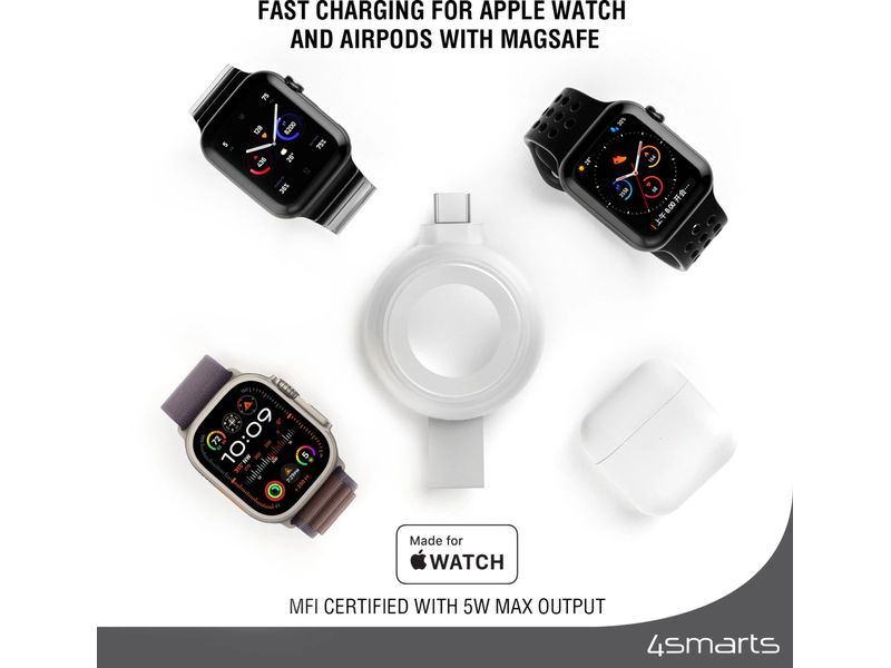 4smarts Ladekabel Apple Watch Charger QI2.0 Silber MFi-Schnellladegerät für Apple Watch