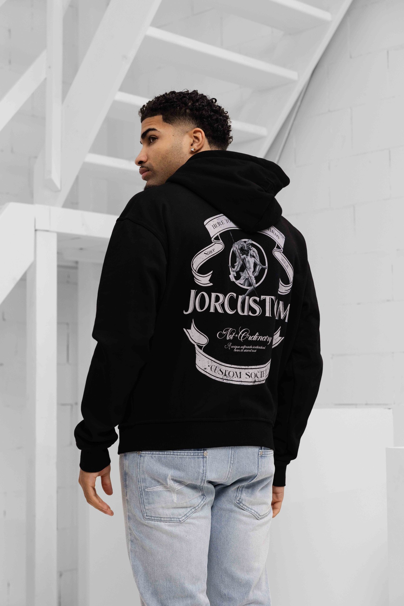 Jorcustom Fleece Ribbon Zipped Hoodie Heren Zwart