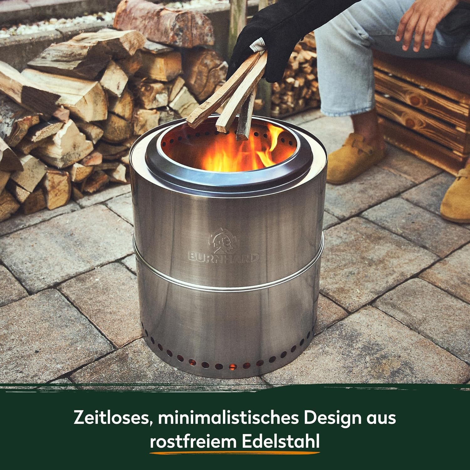 BURNHARD Feuerschale Edelstahl 36 cm, inkl. Aufbewahrungstasche, Feuertonne, Feuerkorb, raucharme Sekundär-Verbrennung, langlebig & mobil für Garten, Terrasse & Balkon