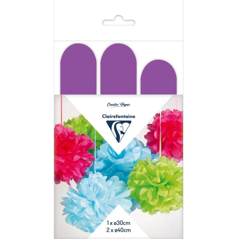 PAPIER DE SOIE, Set de 3 pompons à suspendre Ø30x1 et Ø40x2 - Violet