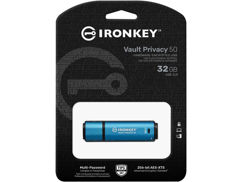 Kingston USB-Stick IronKey Vault Privacy 50 32 GB XTS-AES 256-Bit verschlüsselter USB-Stick mit 32 GB Speicherkapazität