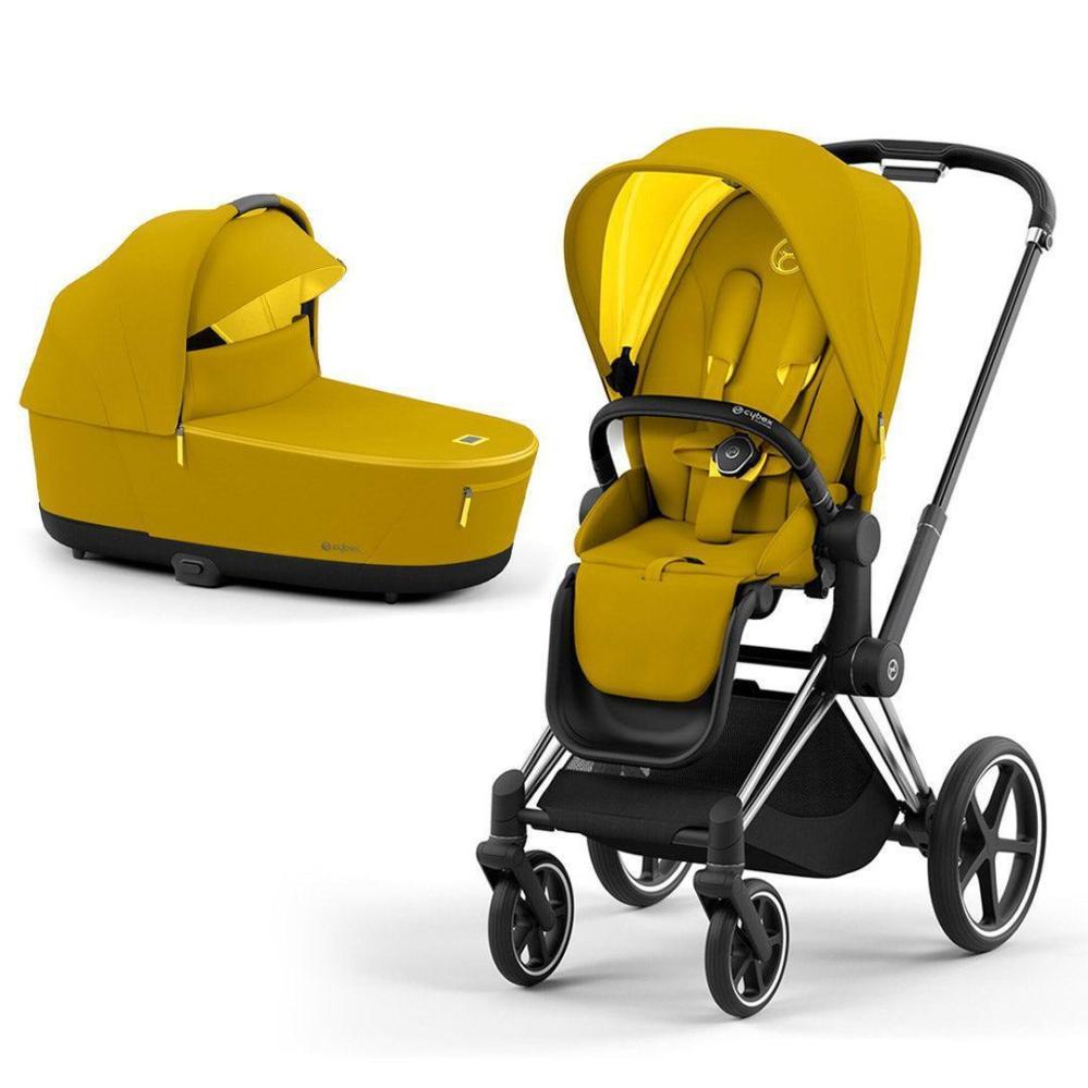 Carrinho de bebê Cybex Priam V4, amarelo mostarda, estrutura cromada preta.