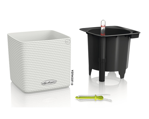 Lechuza Cube Color kunststof bloempot, 14x14x14 cm, wit, inclusief zelfbewateringssysteem en waterniveau-indicator