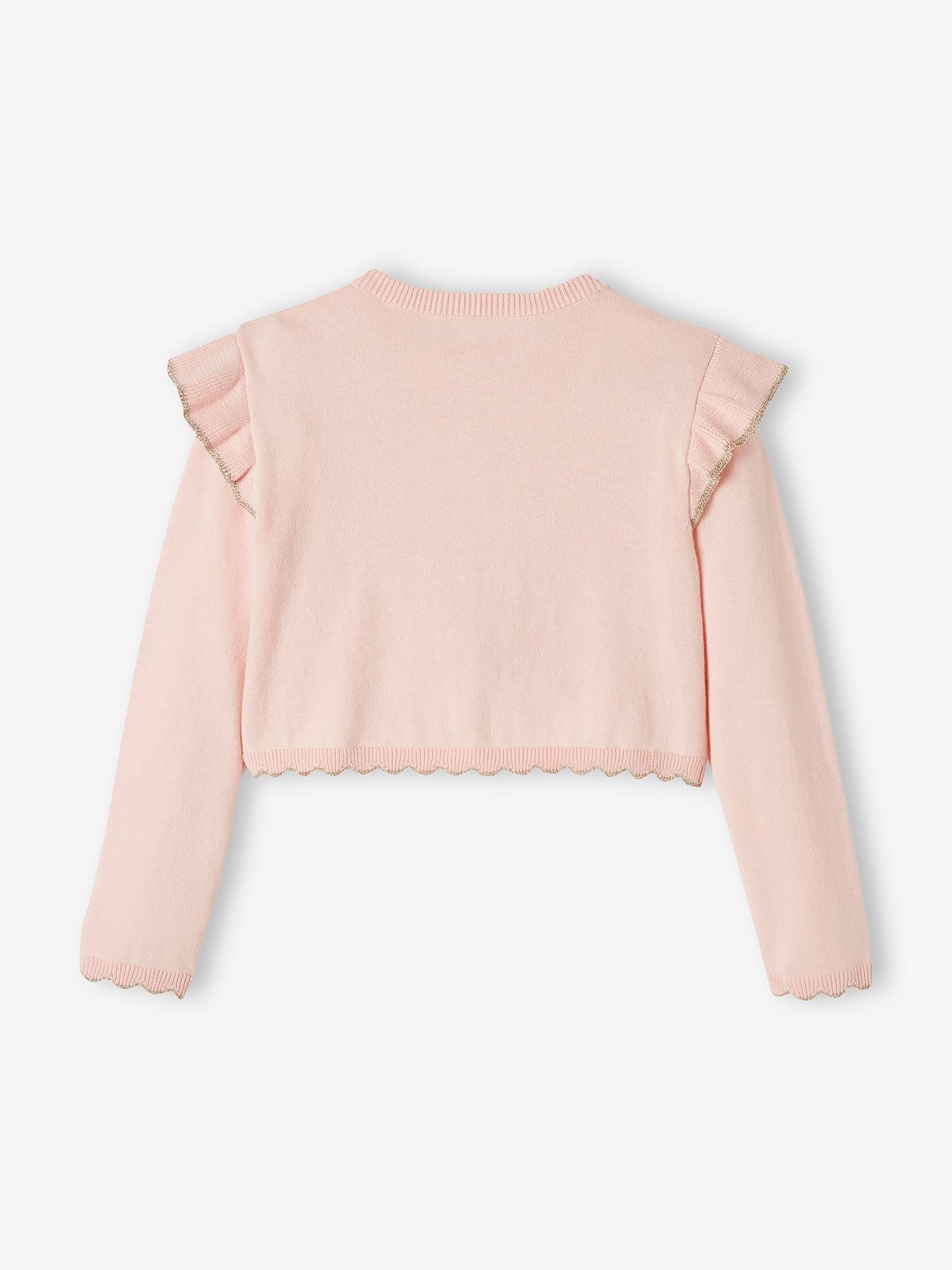 Casaquinho curto com babados, para meninas, rosa claro liso com estampas.