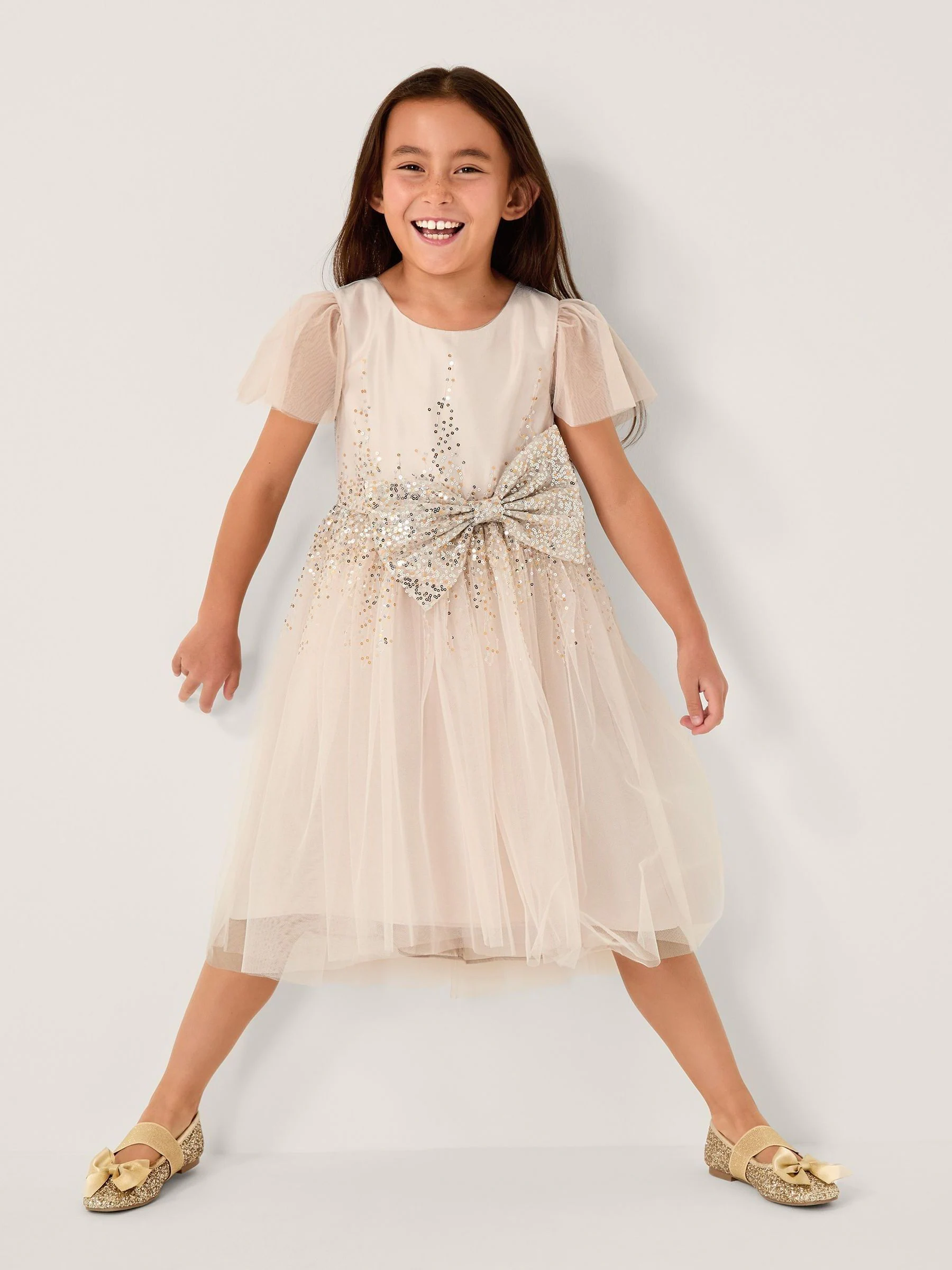 Monsoon Samara Sequin Waterfall Bow Dress