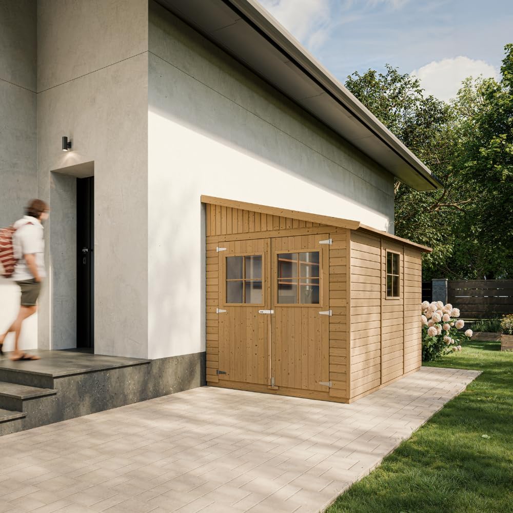 Holz Gartenschuppen (ohne Seitenwand) MIT IMPRÄGNIERTEM Boden - Abstellkammer mit Fenstern - H244x211x318 cm/6,02 m2 - Gartenwerkstatt - Fahrrad- Geräteschuppen TIMBELA M339+M339G
