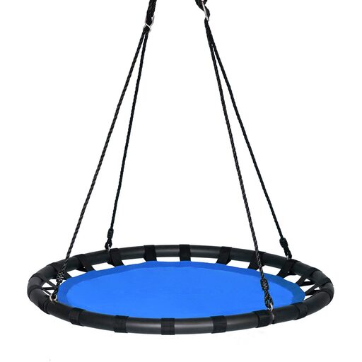 Balanço redondo tipo ninho de 100 cm, com largura ajustável de 100 a 160 cm e capacidade de carga de até 150 kg.