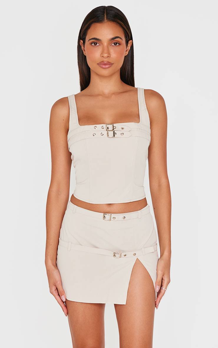Gris Pierre Ensemble Jupe Micro Mini Ajustée En Tissu Tissé Avec Détail Ceinture