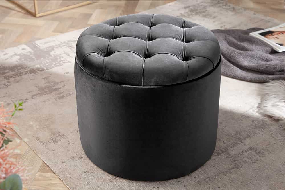 Runder Hocker MODERN BAROCK 50cm grau Samt mit Stauraum