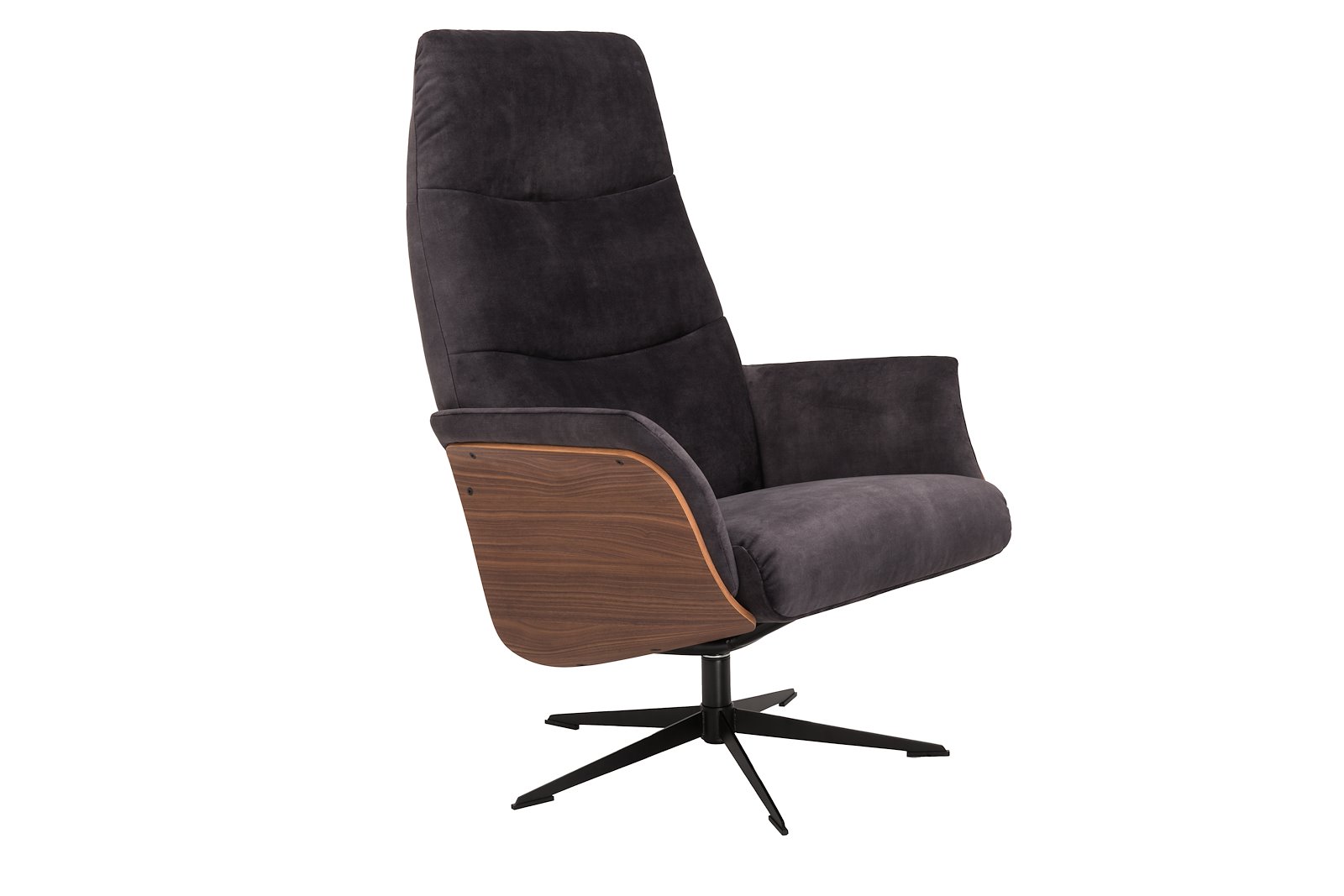 Lioni Lenestol Tekstil Adore 3151 Antracite, med trevanger nøtt olje PN03. Orion sokkel i sort krom.