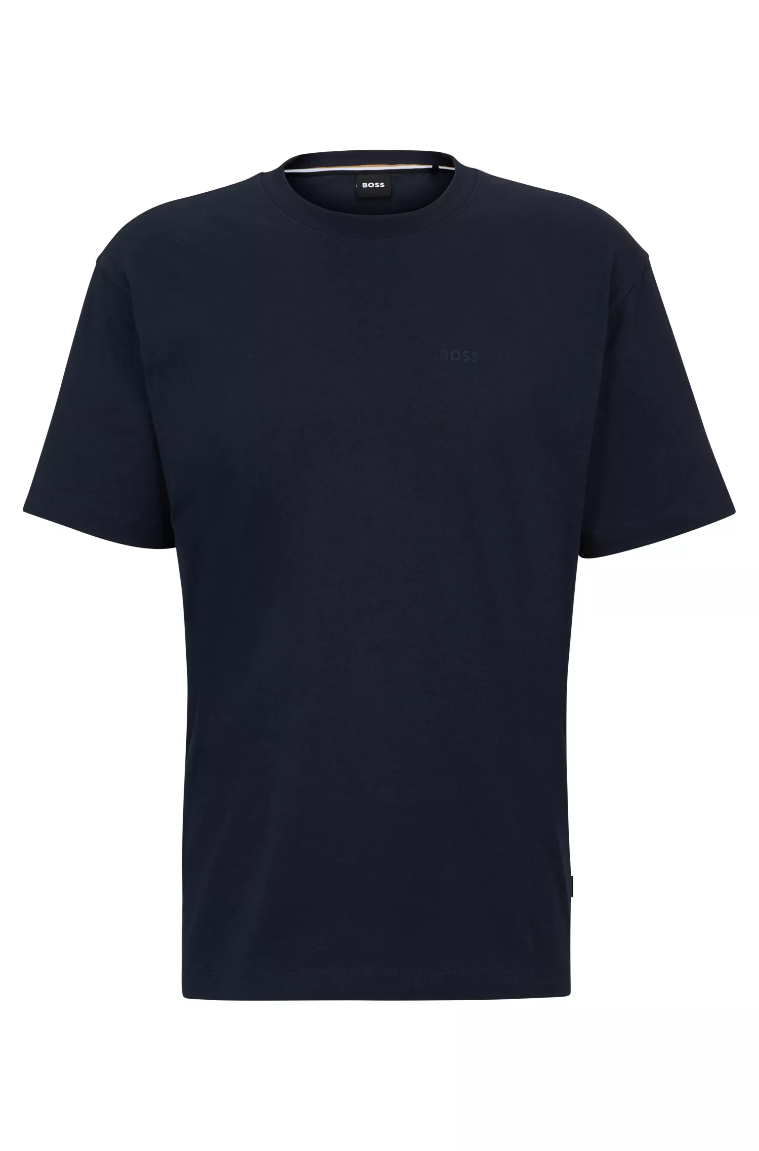 Camiseta BOSS preta de algodão jersey com modelagem regular e estampa sazonal.