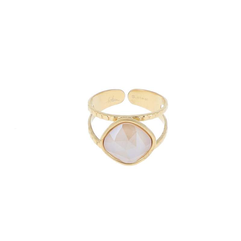 Bague ajustable en acier dorée ornée d'une pierre crystal ivoire