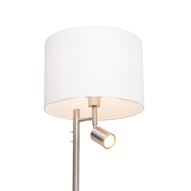 QAZQA - Moderne staande lamp van staal | Zilver | Mat nikkel met witte kap en leeslamp - Jelena | Woonkamer | Slaapkamer - Rond staal - LED-compatibel E27