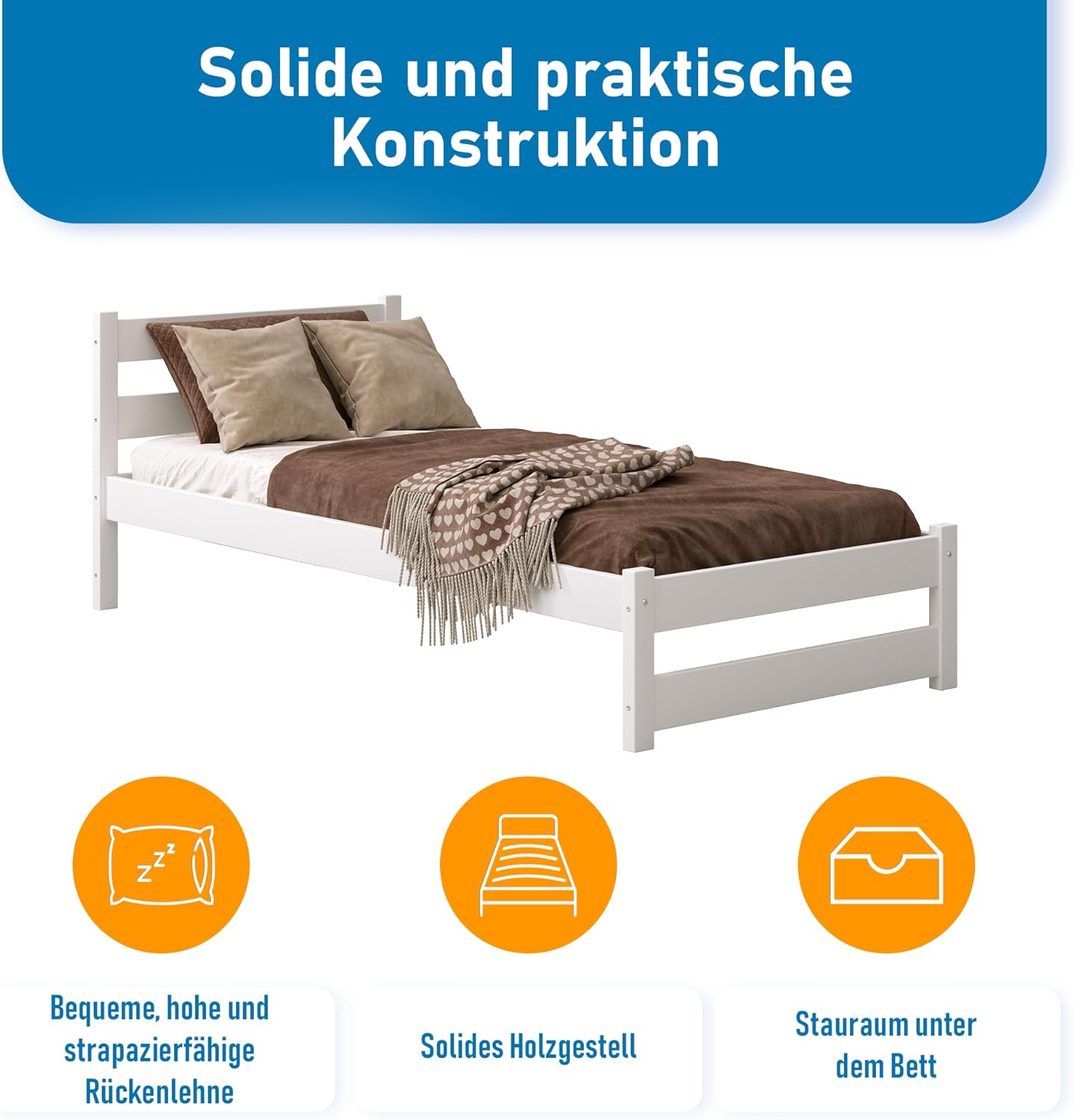 Kinderbett 80x160 cm in Weiß - Jugendbett - Kinder Bett Montessori - Einzelbett aus Kiefer Massivholz – Lattenrost – Tagesbett ohne Matratze