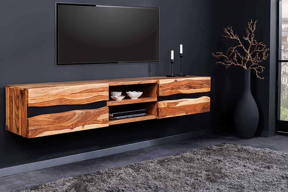 Hängendes TV-Lowboard AMAZONAS 160cm braun Sheesham Massivholz Baumkante Metall schwarz