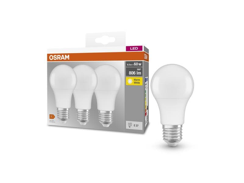 OSRAM Lampe LED BASE CLASSIC A 8.5W, E27, Warmweiss, 3 Stüc LED-Lampen, klassische Kolbenform