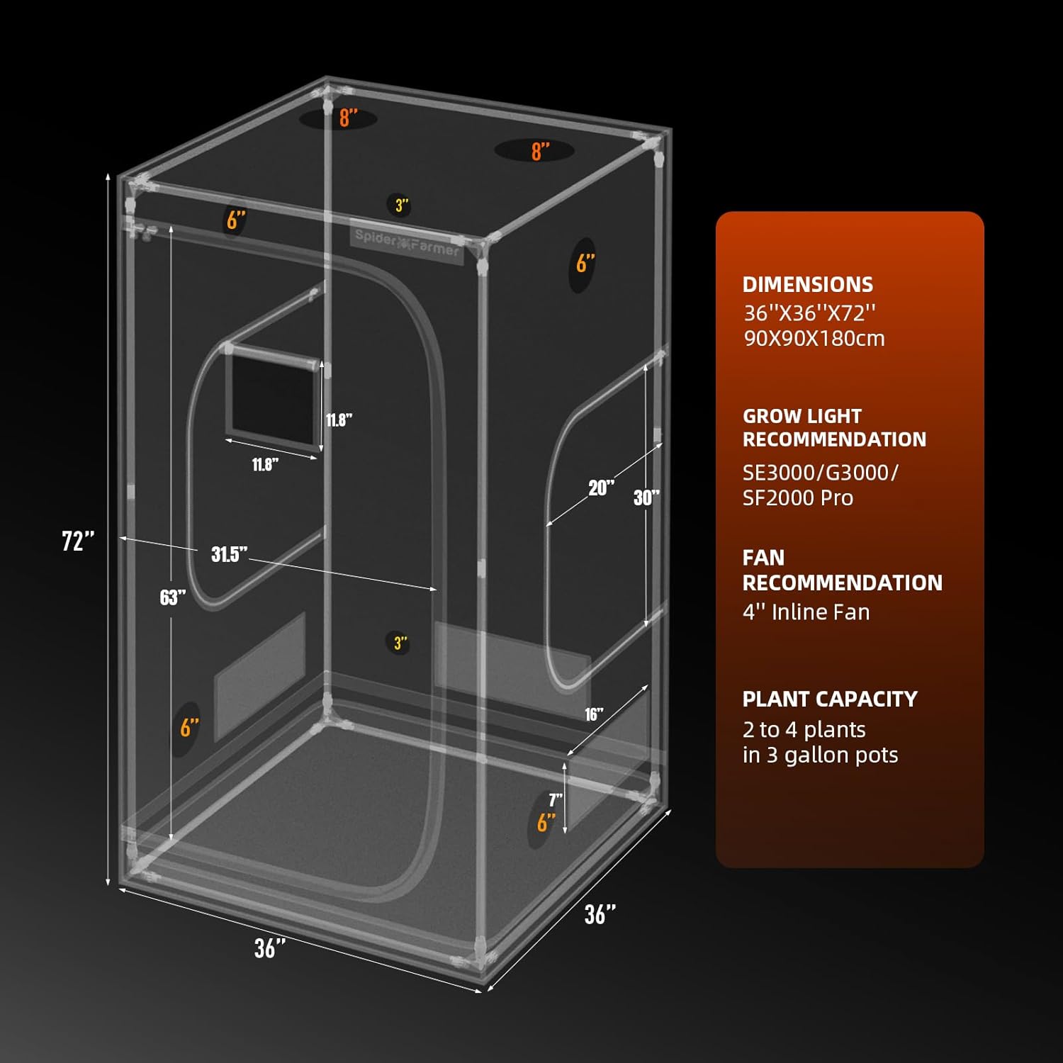 Spider Farmer Growzelt 90x90x180cm für Indoor Lichtdicht und Wasserdicht Anbauzelt Grow Tent Growschrank für Homegrowing Pflanzenzucht Gewächshaus Indoor Zuchtzelt für SF2000Pro, SE3000, G3000