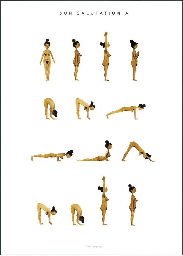 Poster & Frame Yoga Prints - Sun Salutation A Women Golden Flerfarvet