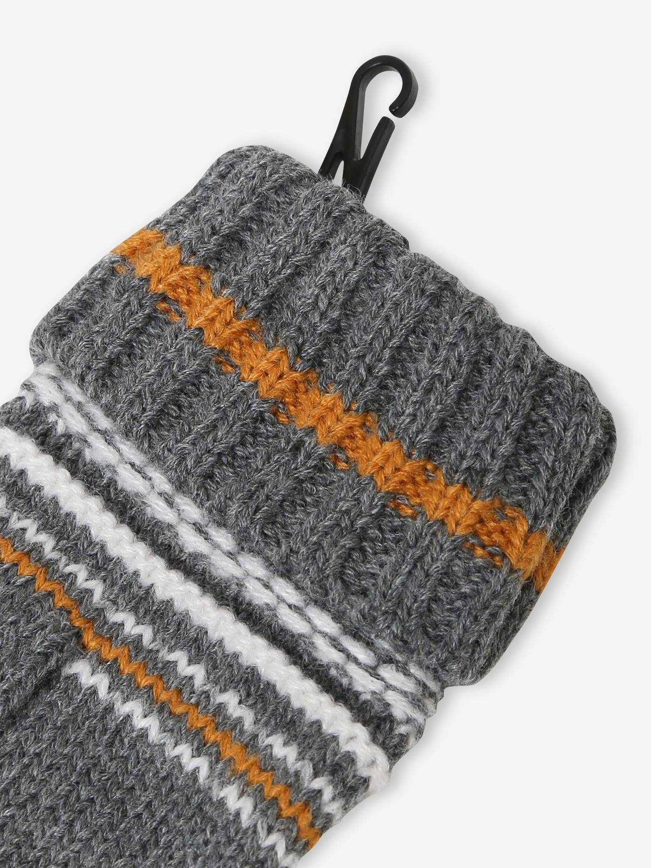 Conjunto de gorro + cachecol tubular + luvas de tricô jacquard, para menino, cinza médio bicolor/multicolorido