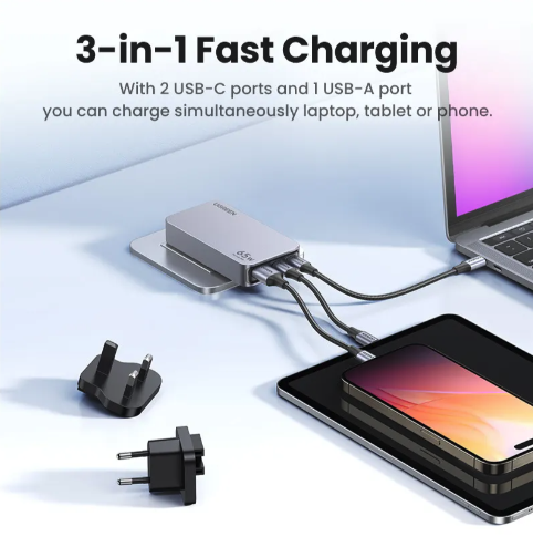 (65W) GaN 3-fach USB C / USB A World Travel Ladegerät Power Delivery Netzteil (25356) - Grau
