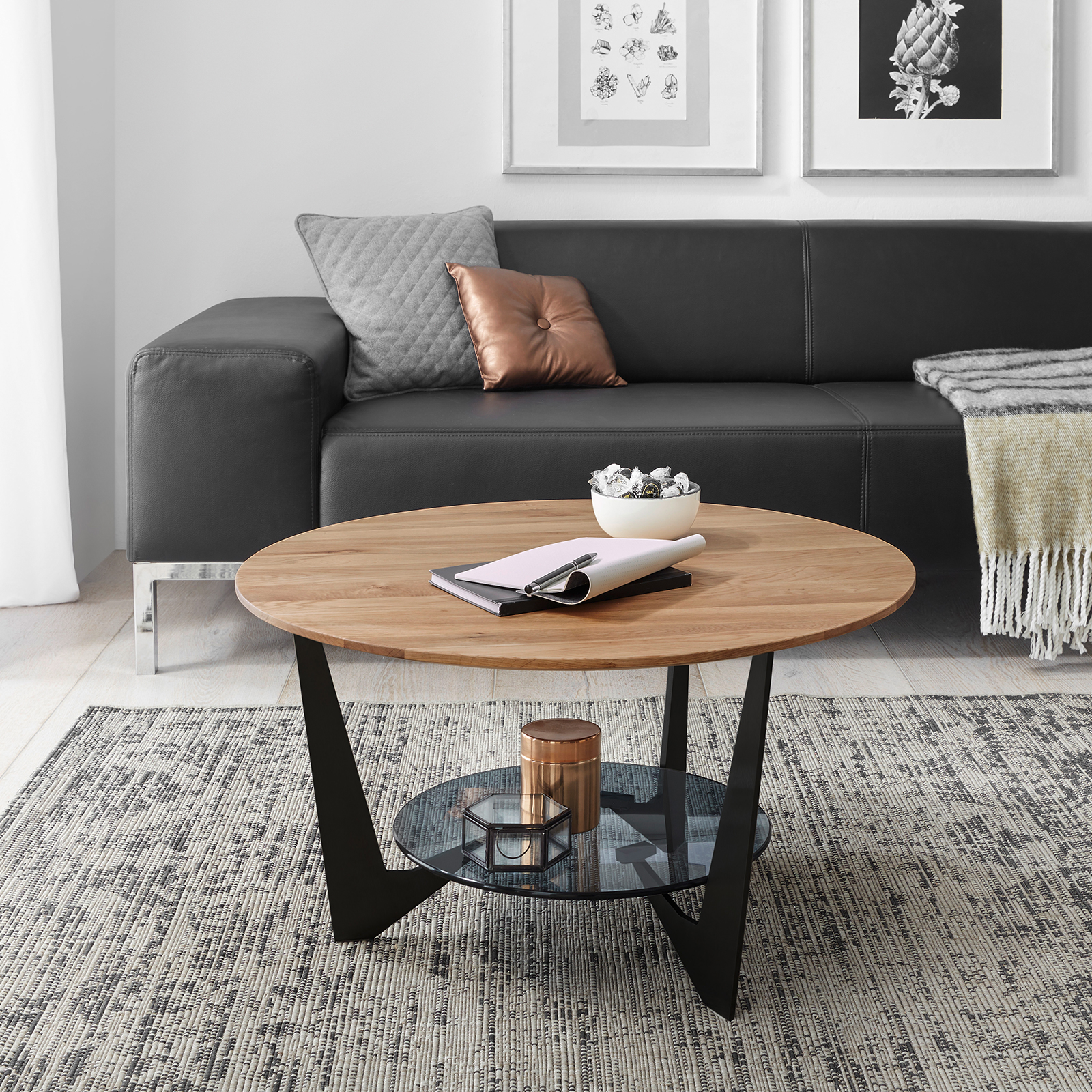 Couchtisch - Eiche natur-schwarz matt - Massivholz - Ø 70 cm