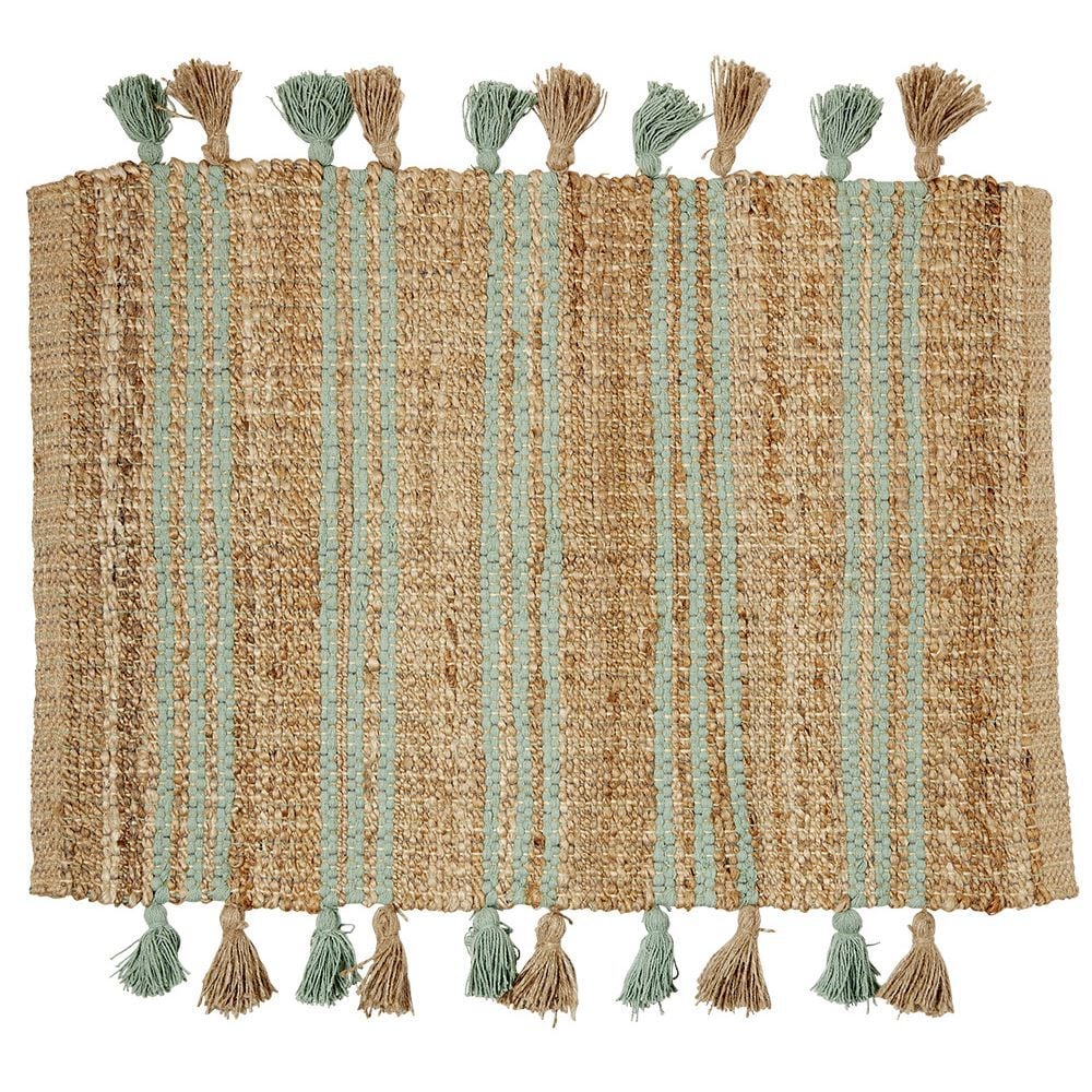 Tapis en jute vert et naturel avec pompons 60x90cm
