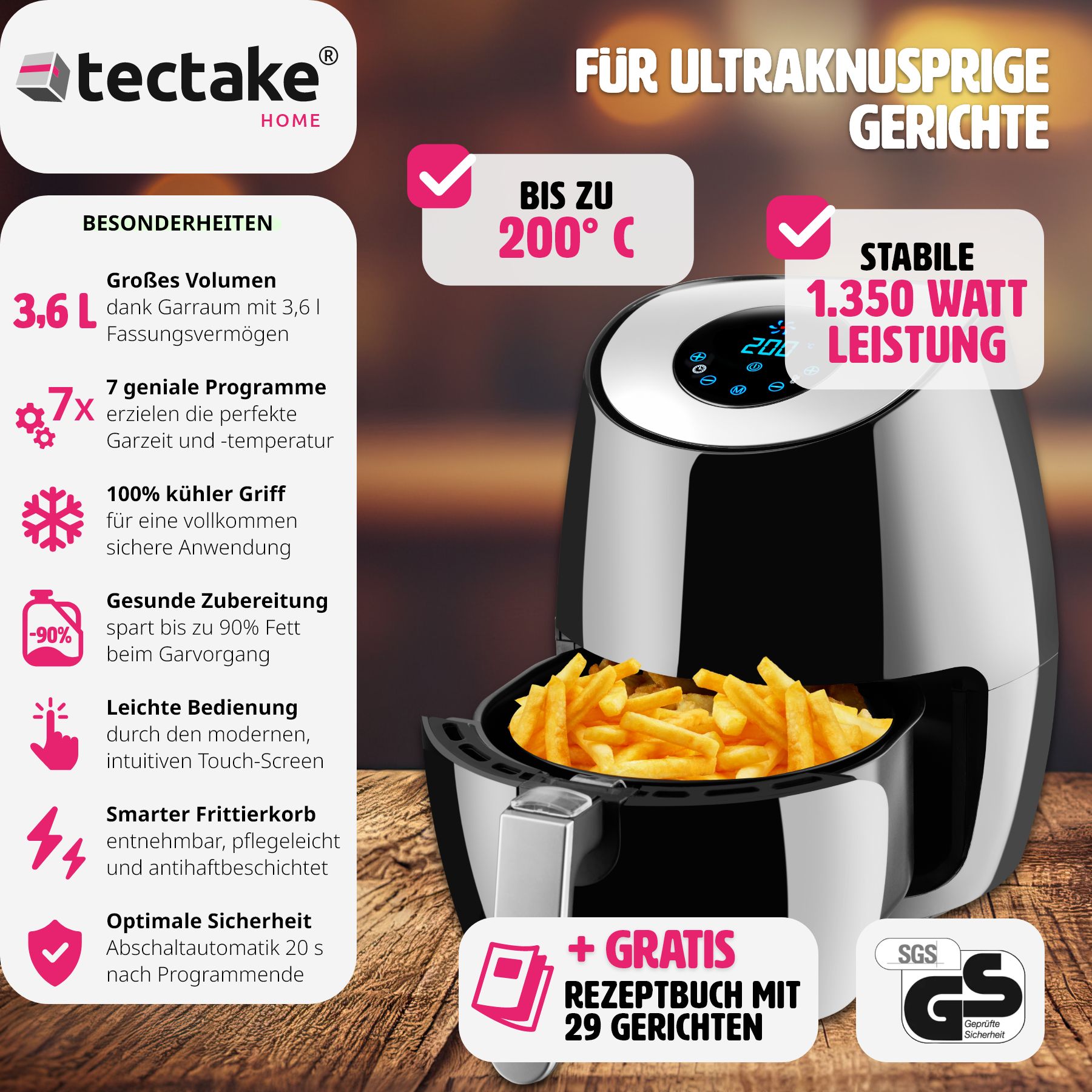 tectake® Heißluftfritteuse, 3,6 l, Timer und Temperatursteuerung, SGS-Zertifikat, inklusive Rezeptheft