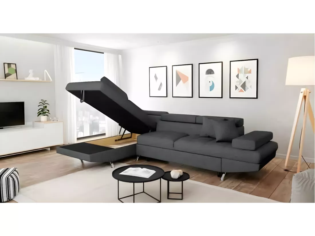 Canapé d'angle gauche 5 places Rio Convertible avec coffre en tissu - Gris anthracite - L271 x P192 x H70cm - Loungitude