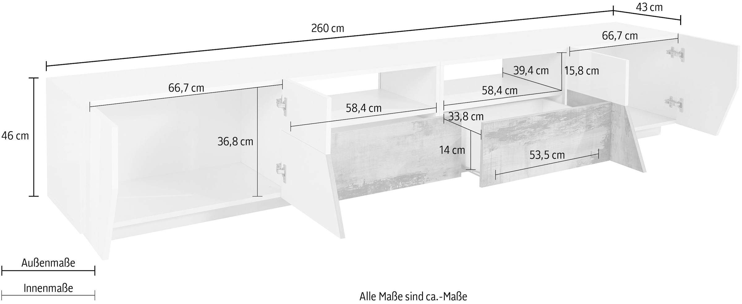 INOSIGN Lowboard »ALIEN- TV-Board, mit 4 Türen, 2 Schubladen und 2 offenen Fächern« TV-Kommode Breite ca. 260 cm 