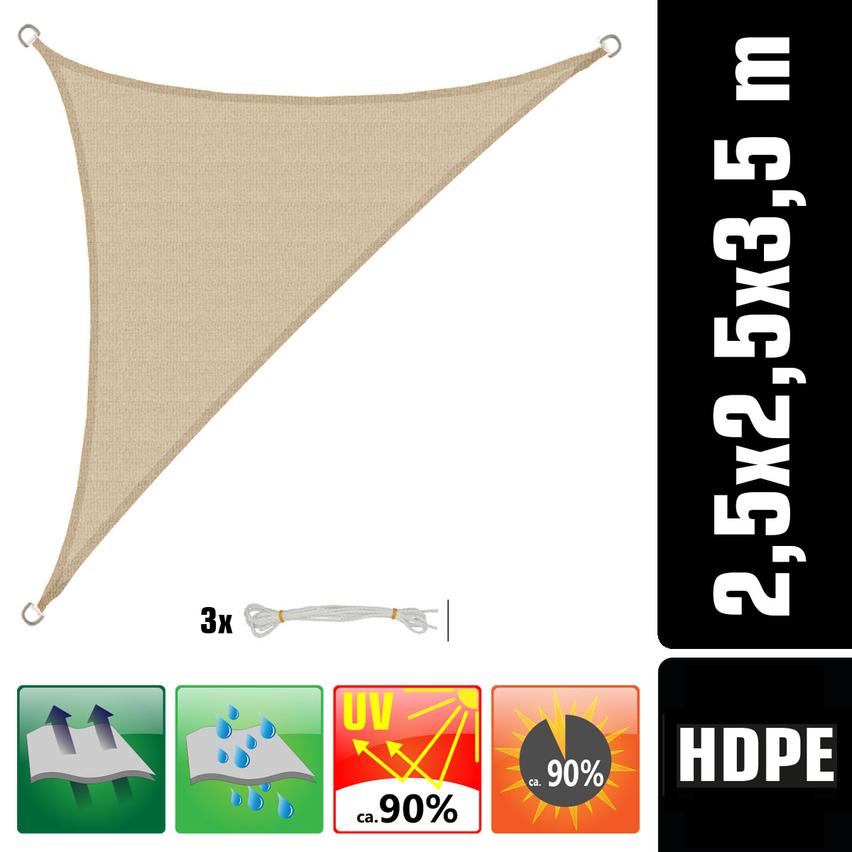 AMANKA 2,5 x 2,5 x 3,5 Luchtdoorlatend UV schaduwdoek - Beige