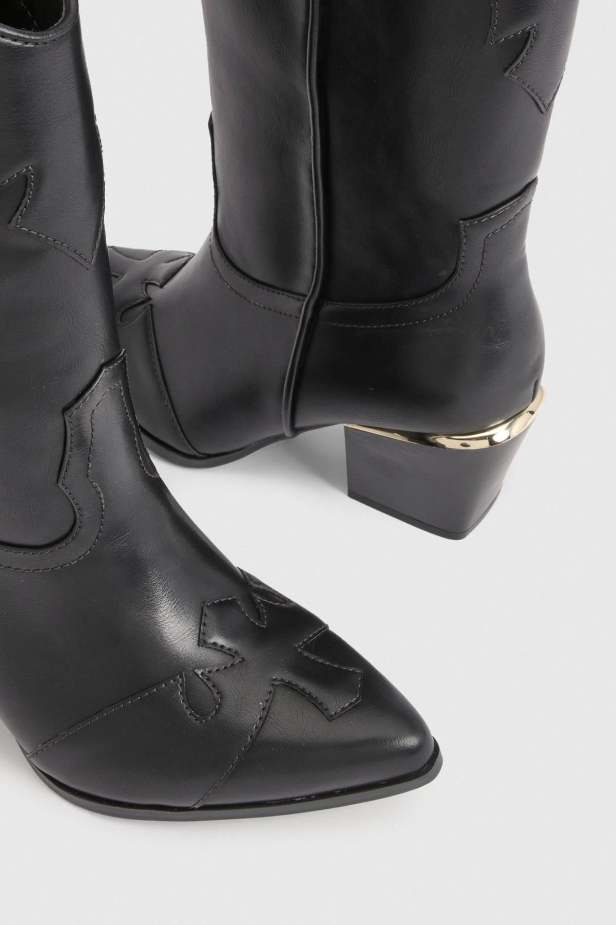 boohoo Bottes Cowboy Coupe Large Détail Talon Doré