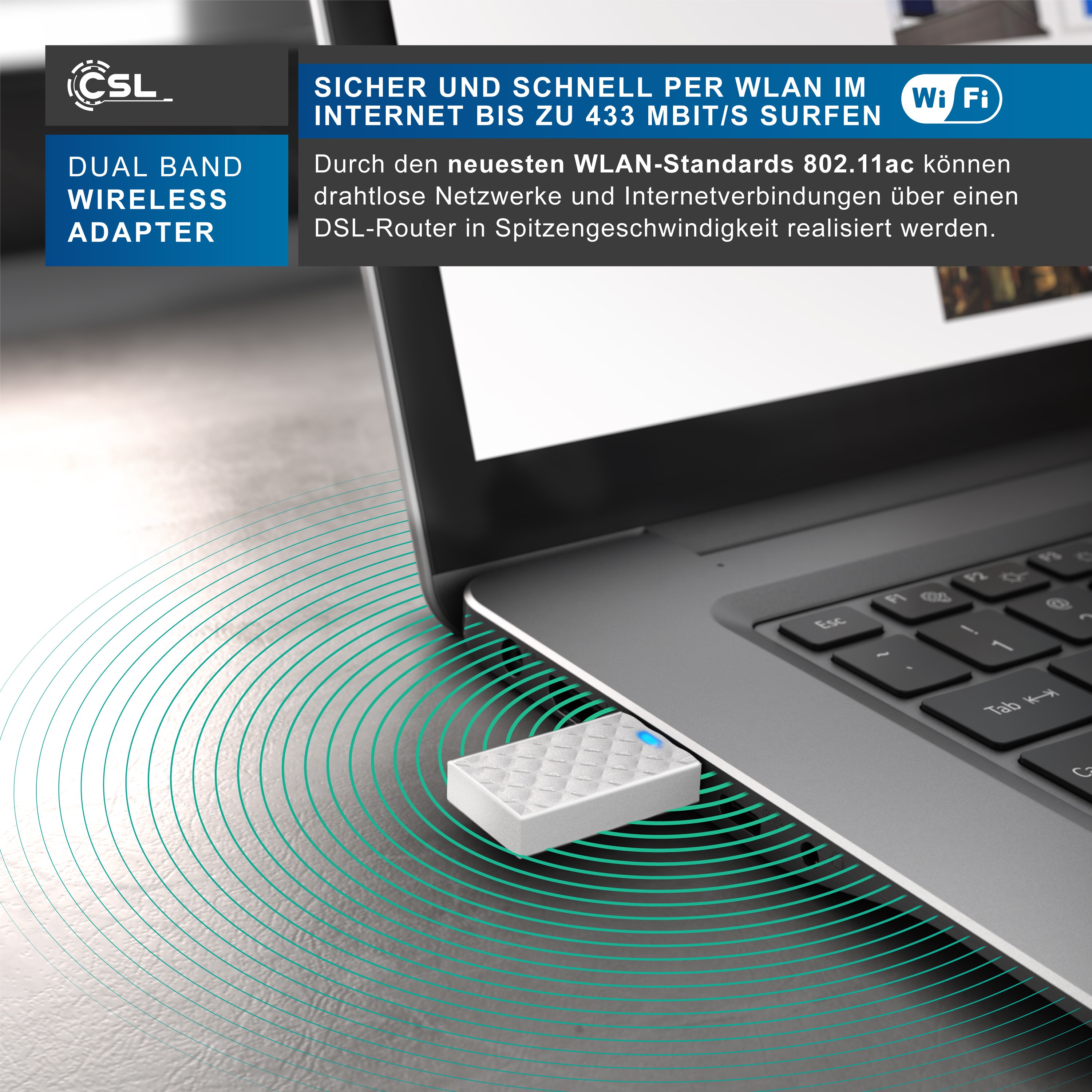 CSL AC450 WLAN Dual Band Stick | 433 MBit/s | 2,4 GHz / 5 GHz | bis zu 433 MBit/s/WLAN-Standards 802.11ac