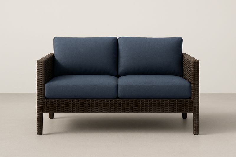 Zweisitzersofa aus Polyrattan mit dunkelblauen Kissen