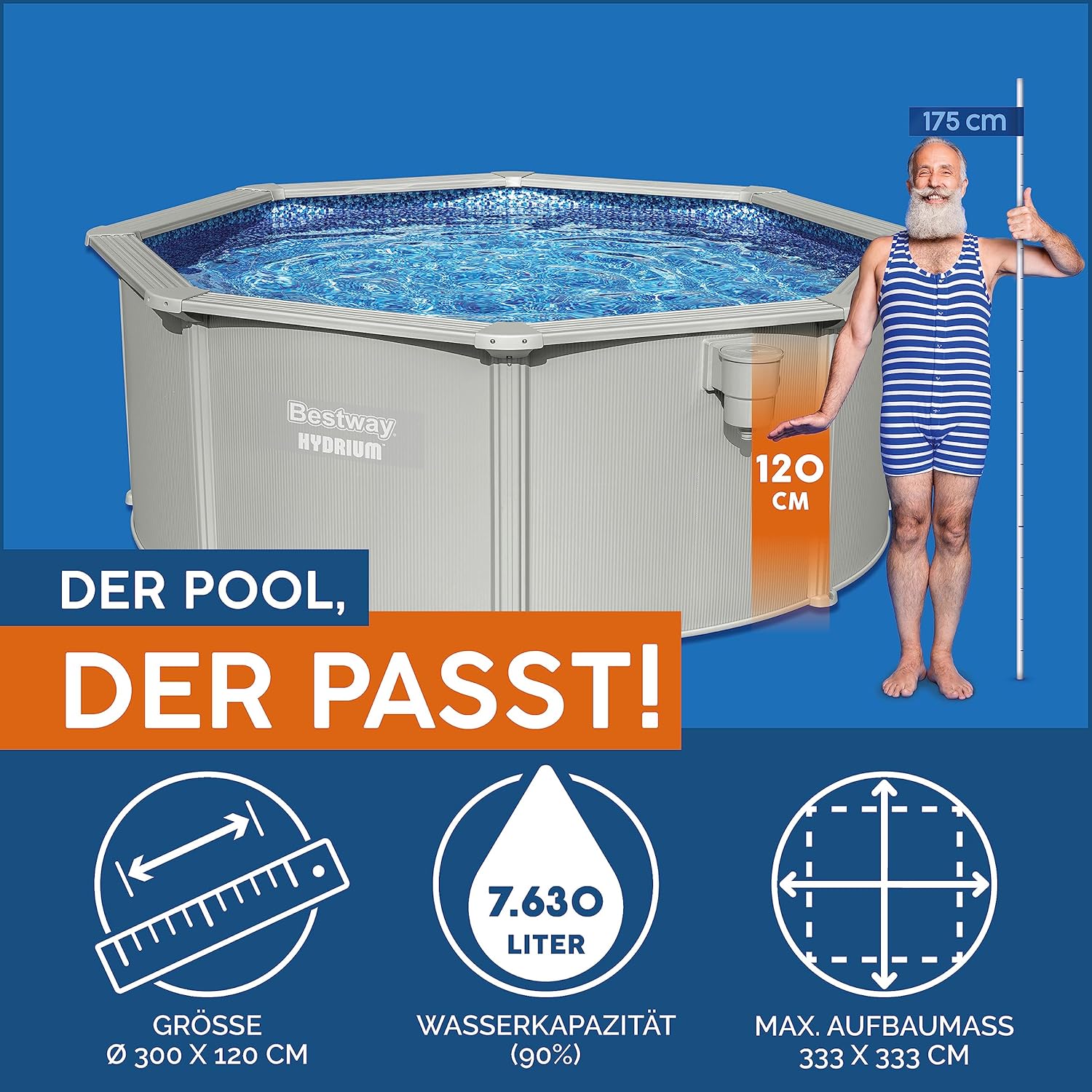 Bestway Hydrium Stahlwandpool Komplett-Set mit Sandfilteranlage Ø 300 x 120 cm, grau, rund