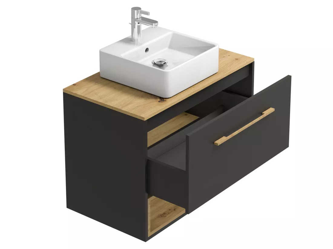 Meuble de salle de bain suspendu anthracite avec vasque à poser et armoire de toilette - 80 cm - YANGRA