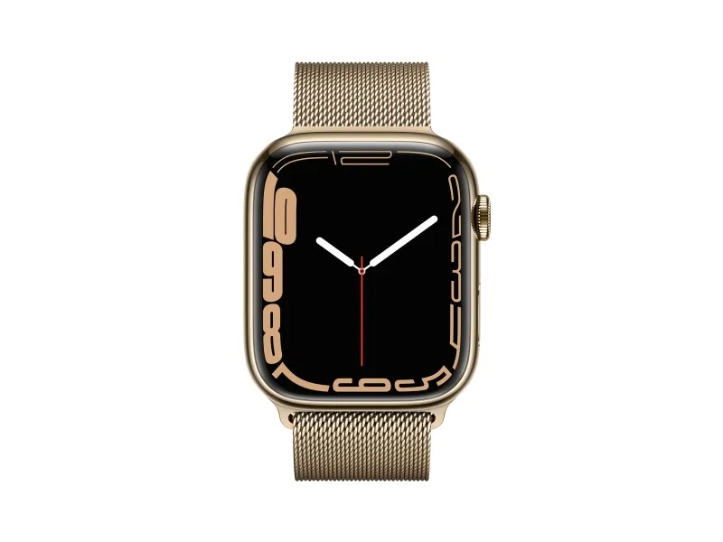 [OUTLET] - Apple Watch Series 7 (GPS   Cellular) - 45 mm - guld rustfrit stål - smart ur med milanesisk løkke - rustfrit stål - guld - håndledsstørrelse: 150-200 mm - 32 GB - Wi-Fi, Bluetooth - 4G - 51.5 g