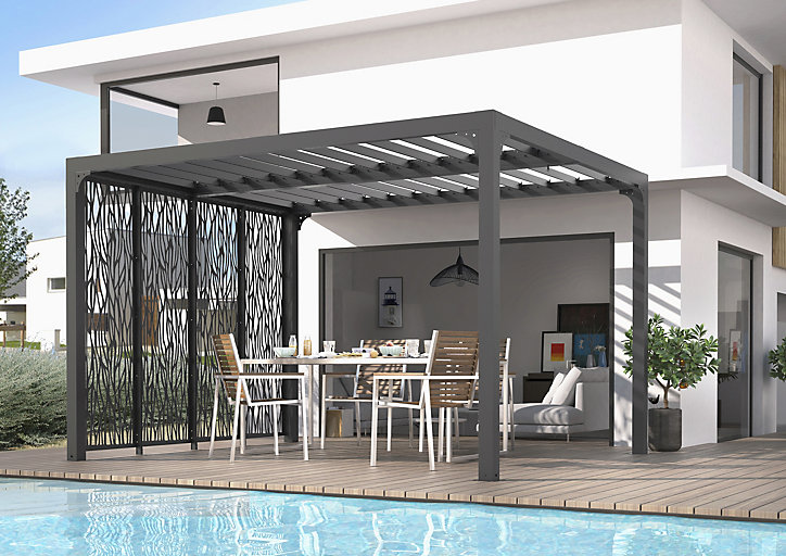 Côté moucharabieh acier gris 3 m pour pergola bioclimatique Habrita PER3630BI et PER2430BI