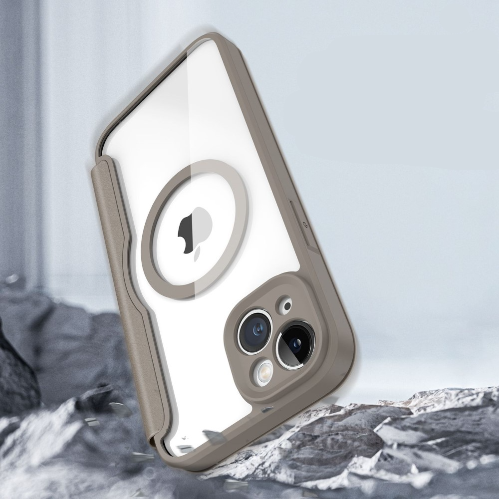 iPhone 14 Pro MagSafe Hybrid Leder Tasche   Kunststoff Rückseite - Khaki / Transparent