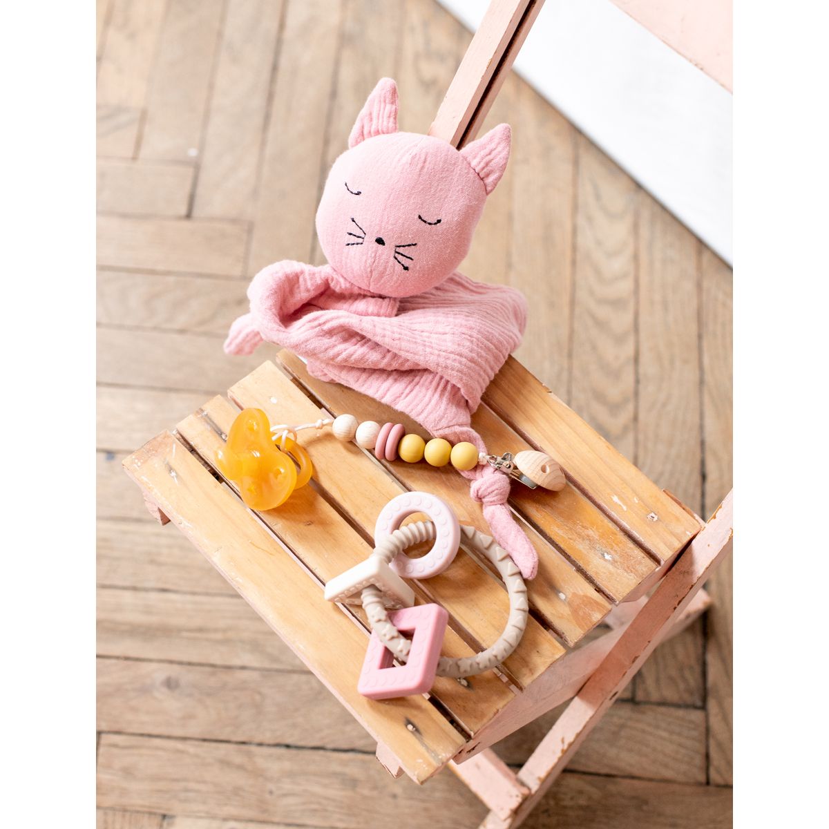 Doudou lange chat vieux rose Frisette