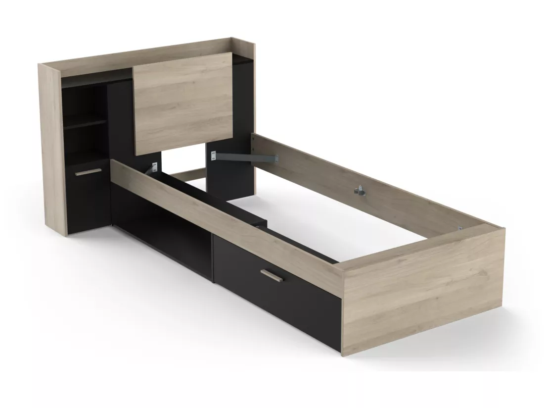 Lit modulable 90 x 190/200 cm avec rangements - Noir et naturel - MARTELO