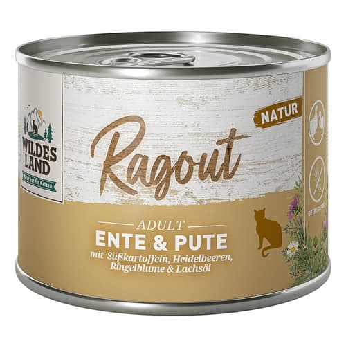 Wildes Land Ragout Ente & Pute mit Süßkartoffeln, Heidelbeeren, Ringelblume & Lachsöl 180g