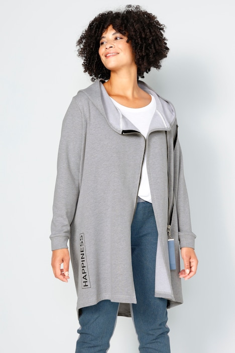 Long-Sweatjacke, oversized, Rücken-Jeansbesatz mit Print, Doppelzipper