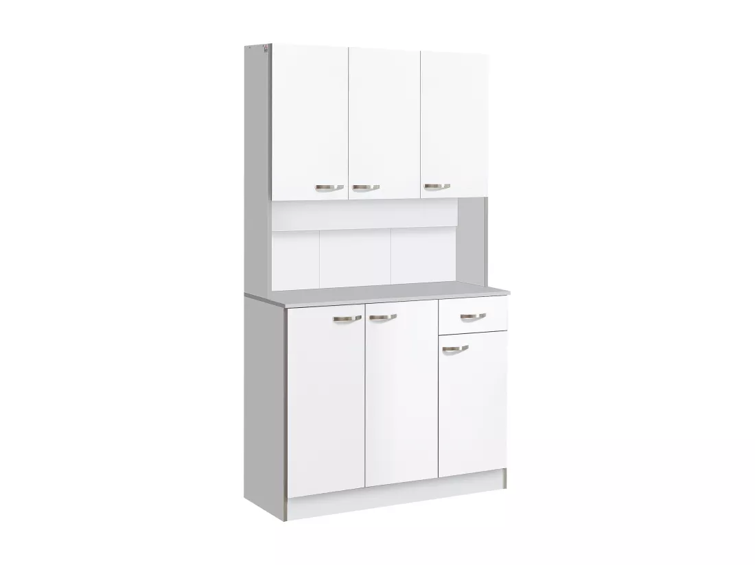 Buffet haut multi-rangement - 6 portes, tiroir, grand plateau - dim. 101L x 39l x 180H cm - panneaux particules blanc gris