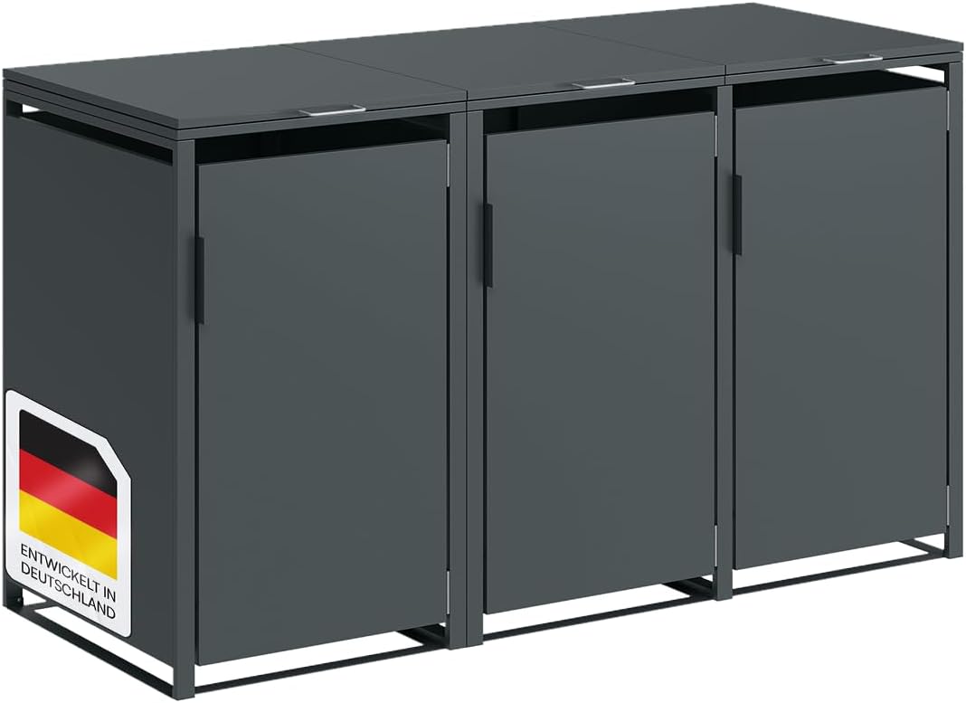 STEELSØN Thoria 3er Mülltonnenbox bis 120L – Müllcontainer für 3 Tonnen aus verzinktem Stahl – Mülltonnenverkleidung in Anthrazit wetterfest – hochwertige Müllbox/Gerätebox