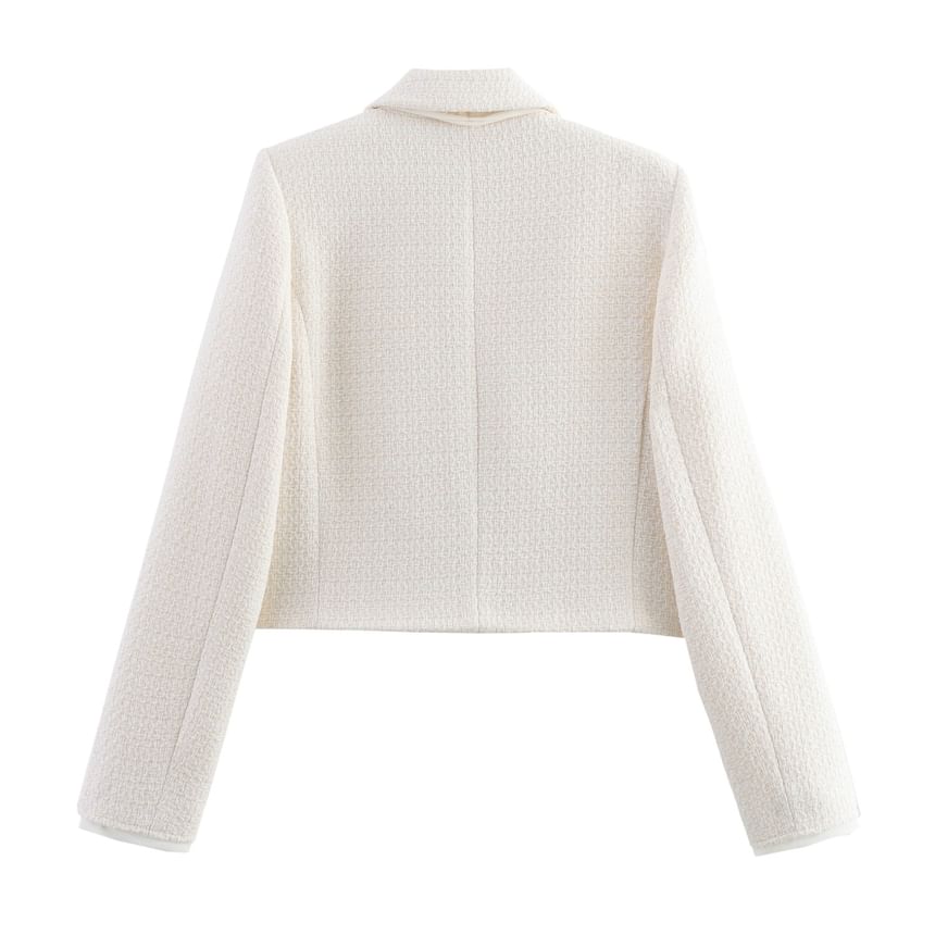 Avauntgardo - Getailleerde tweed cropped jas met kraag en strik / Mini A-lijn skort met hoge taille