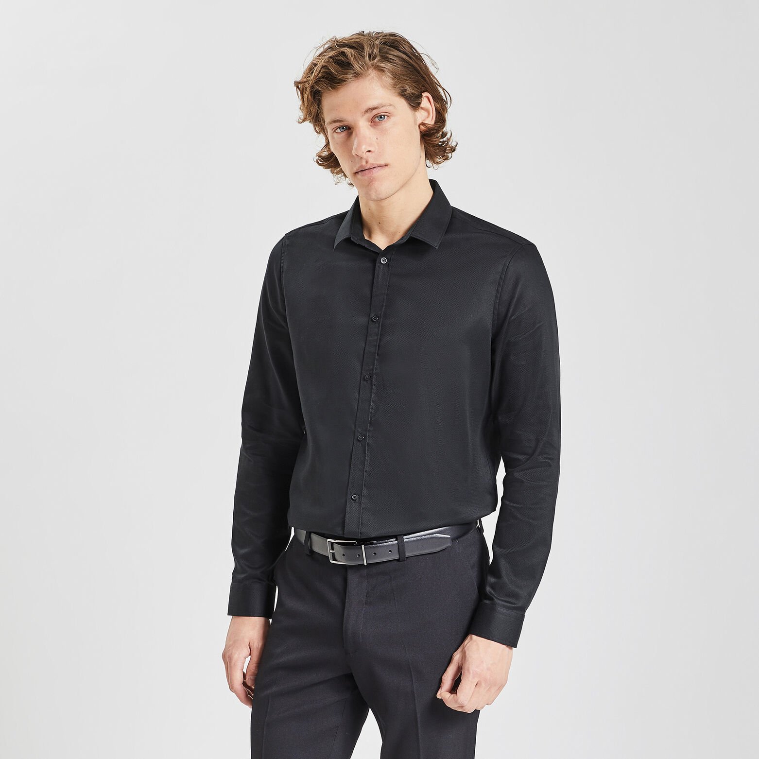 Chemise slim unie stay white/black coton Noir