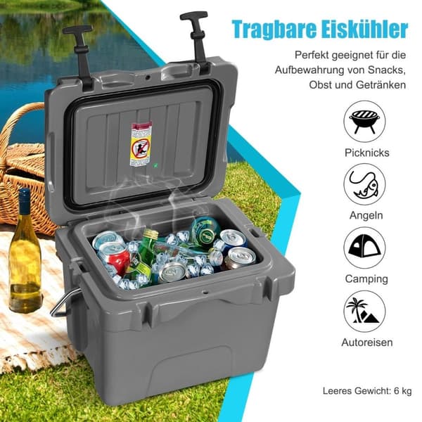 Kjøleboks med 15 liters kapasitet, isboks med håndtak, tappeplugg og 2 koppholdere, grå