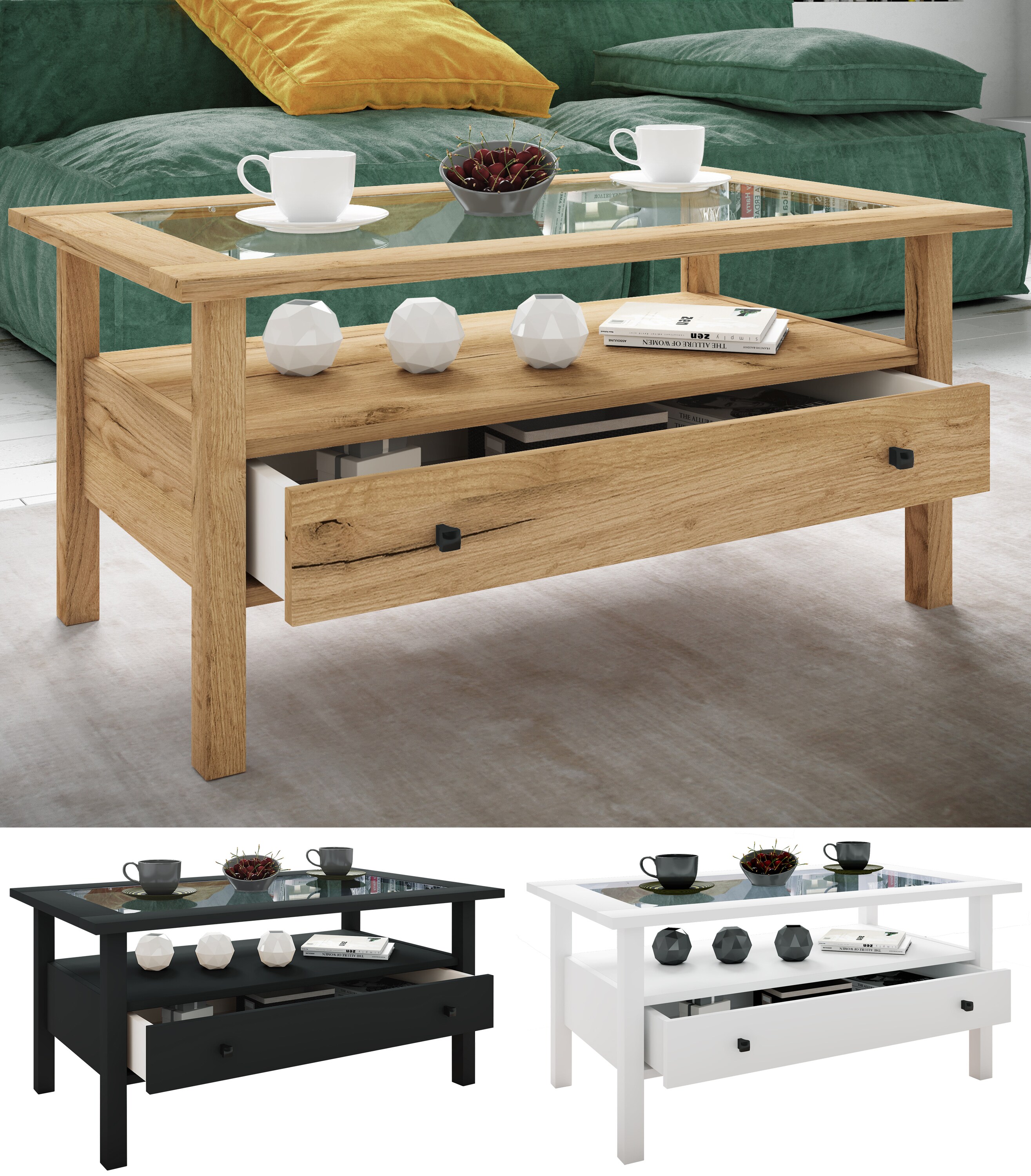 VCM Holz Beistelltisch Couchtisch Sofatisch Wohnzimmertisch Schublade Lingis L