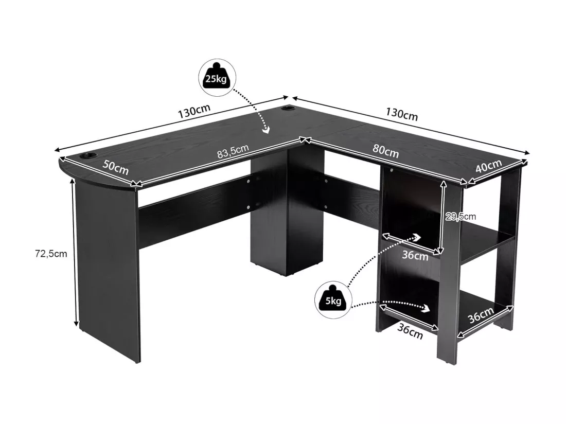 Bureau en Forme de L, Bureau d'angle avec Étagères de Rangement à 2 Niveaux, 2 Passe-câbles et Coussinets Antidérapants, 130 x 130 x 72,5 cm
