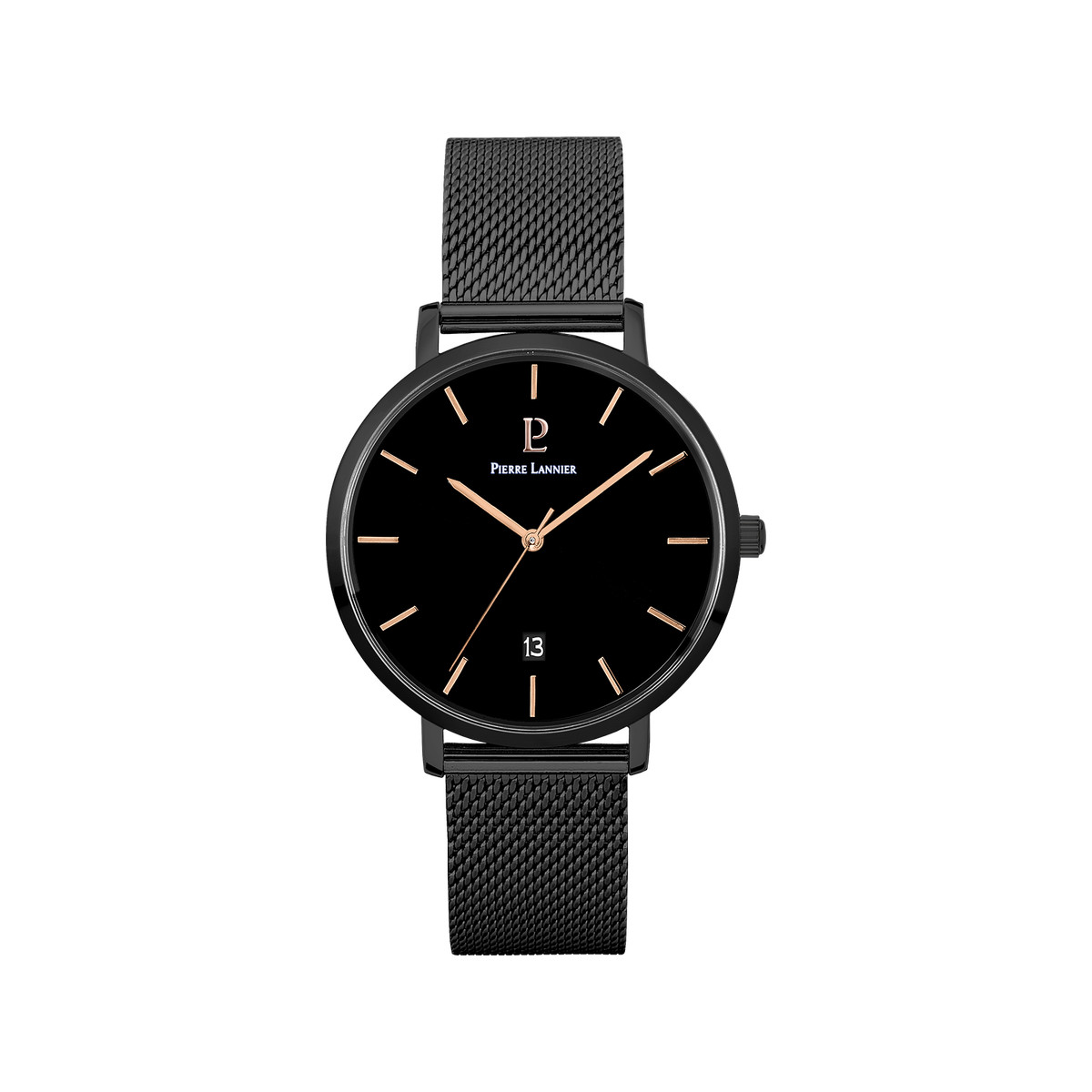Montre Pierre Lannier homme acier noir bracelet maille milanaise